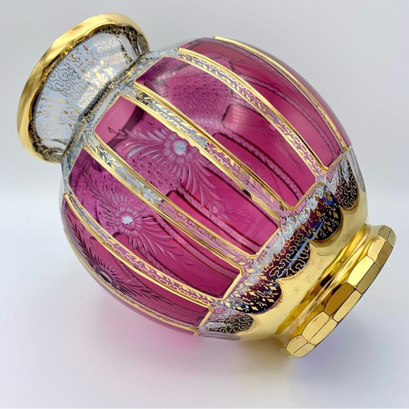 RARE Bohemian Moser Cabochon Vase 10” Cranberry Panel Intaglio, Clear Blue, 24K - Picture 7 of 16